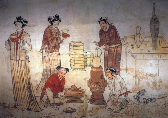 China: A group of people preparing tea. Mural in the tomb of Zhang Kuangzheng, Xuanhua, Hebei, Liao Dynasty (1093-1117).
