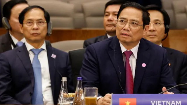 Pham Minh Chinh (R), prime minister of Vietnam, participates in a plenary meeting with Association of Southeast Asian Nations leaders, Biden Administration cabinet members