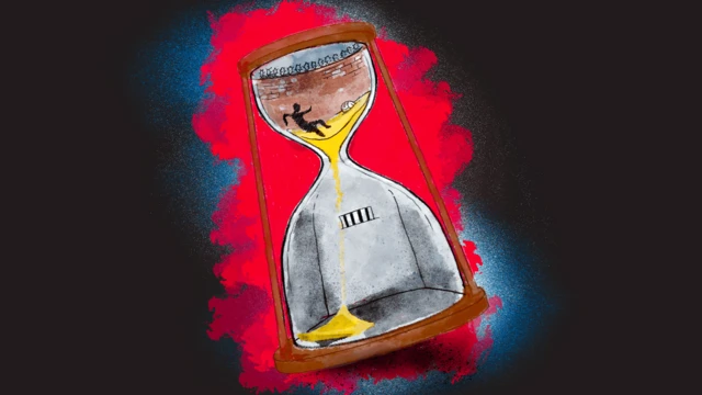 An illustration of a prisoner trapped inside an hourglass in the form of a cell
