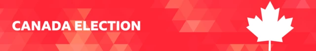 Di words "Canada election" dey red background with white maple leaf