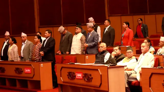 राष्ट्रिय सभाको बैठकमा उभिएर विरोध जनाउँदै माओवादी सांसदहरू 