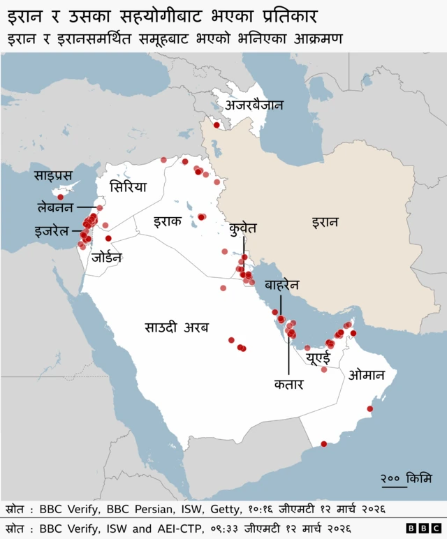 खाडी क्षेत्रमा आक्रमण भएका स्थानको नक्सा