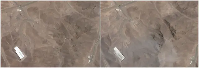 Imagem composta mostra fotos de satélite da instalação nuclear subterrânea de Fordow, perto de Qom, Irã, antes (2 de junho de 2025) e depois (22 de junho de 2025) dos ataques dos EUA