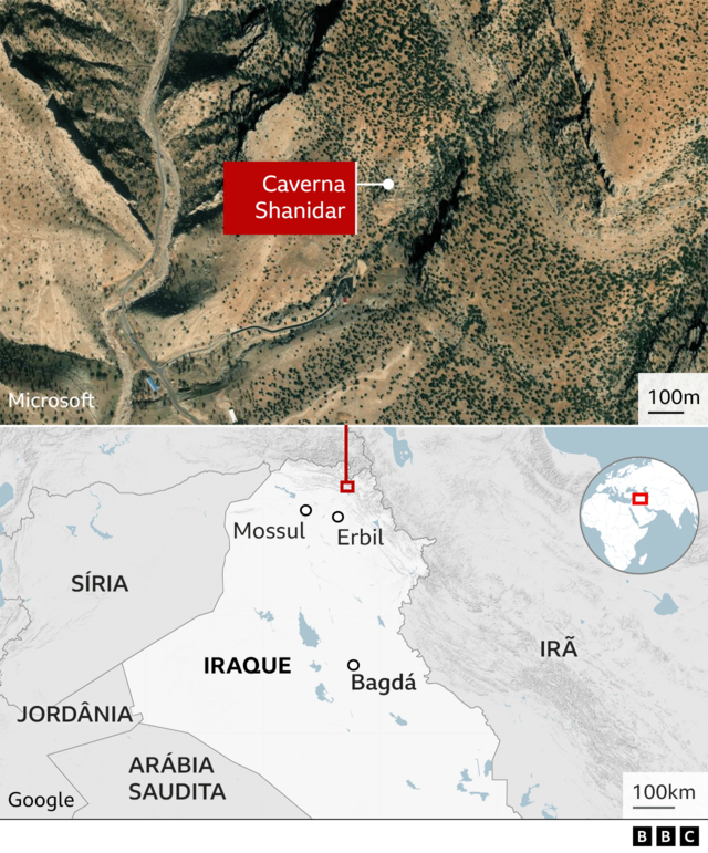 Mapa mostra local da caverna Shanidar