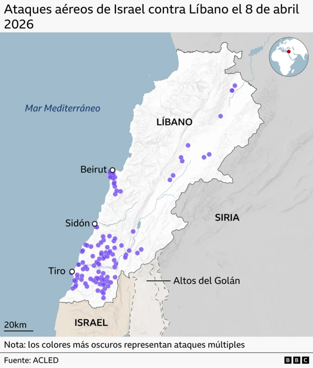Mapa que muestra con puntos de color púrpura los ataques de Israel en Líbano.