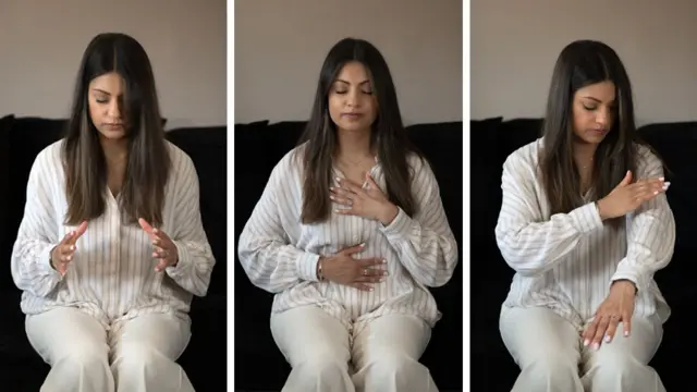 Jasleen stres seviyesini indirmek için egzersiz yapıyor - üç farklı fotoğrafta yan yana gösteriliyor