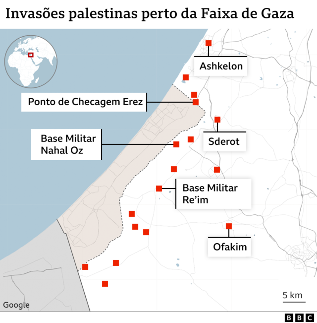 Os pontos vermelhos do mapa indicam alguns dos lugares1xbet avatarque foram registradas incursões1xbet avatarcombatentes do Hamas1xbet avatarterritório israelense