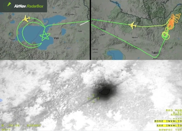 تصاویر مسیر پهپاد آکینجی و نقطه حرارتی که پهپاد آکینجی به عنوان محل آتش‌سوزی وسقوط هلی‌کوپتر رئیسی مشخص کرد