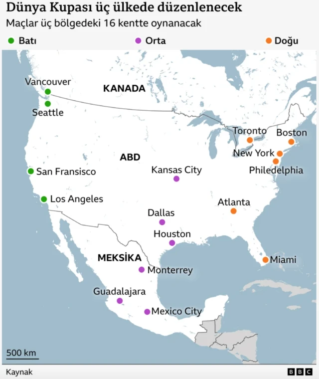 Turnuvanın oynanacağı tüm şehirler tek tek gösteriliyor. Toplam 16 kent işaretlenmiş.