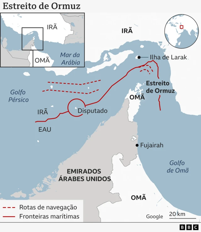 Mapa que mostra onde fica o Estreito de Ormuz, no Golfo de Omã, uma rota fundamental para o transporte de petróleo global. O estreito fica entre o Irã e a península formada pelos Emirados Árabes Unidos e Omã