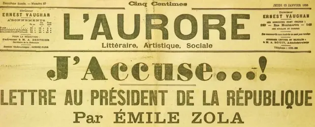 Cabeçalho do artigo de Emile Zola do jornal L'Aurore