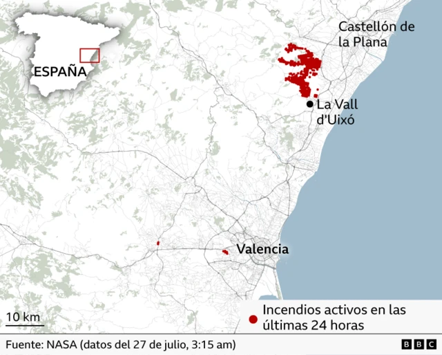 Mapa donde se ven las localidades en las que se extienden los incendios en Valencia.