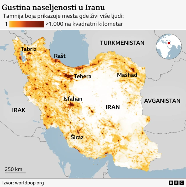 mapa naseljenosti u iranu, u kojima gradovima u iranu živi najviše ljudi, koji gradovi u iranu su najnaseljeniji