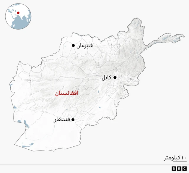 نقشه افغانستان که شبرغان را در شمال، کابل، پایتخت، را در شرق بخش مرکزی کشور و قندهار را در جنوب نشان می‌دهد.