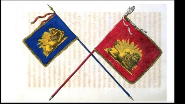 ترسیم پرچم های ایران در زمان فتحعلی شاه به وسیله گاسپار دروویل
