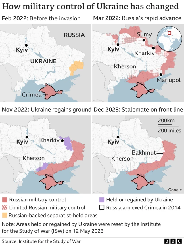 Four maps showing changing areas of Russian control in Ukraine in Feb 2022, Mar 2022, Nov 2022 and December 2023.