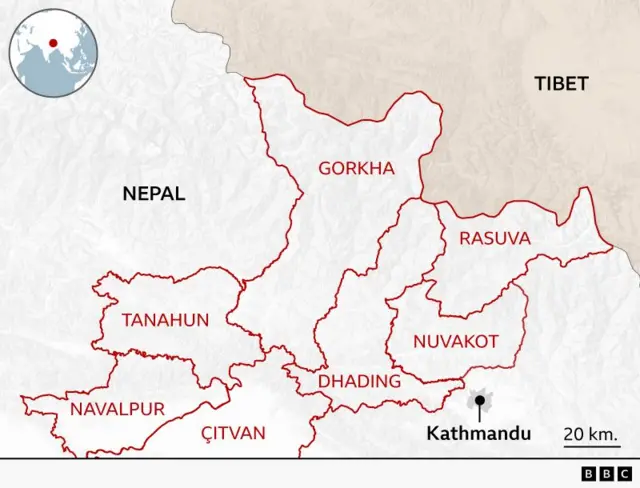 Nepal ve Tibet'i gösteren harita