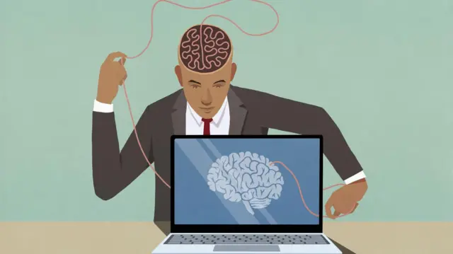 د یو سړي خیالي انځور چې یو تار کشوي چې د هغه دماغ د لپ ټاپ سکرین کې د انسان دماغ عکس سره نښلوي.