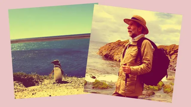 Montagem de foto do pinguim, com o mar ao fundo, e Tom Michell, usando um chapéu