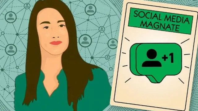 Dibujo de mujer con una carta que dice Social Media Magnate.