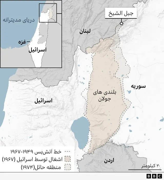 نقشه بلندی‌های جولان، اردن، سوریه و اسرائیل و لبنان