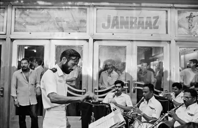 The navy band performs ahead of the premiere of the movie Janbaaz at Metro Cinema in 1986