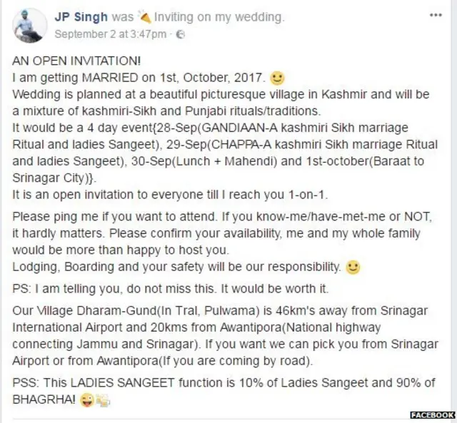 कश्मीर, त्राल, शादी, सिख, न्योता, सोशल मीडिया, फ़ेसबुक