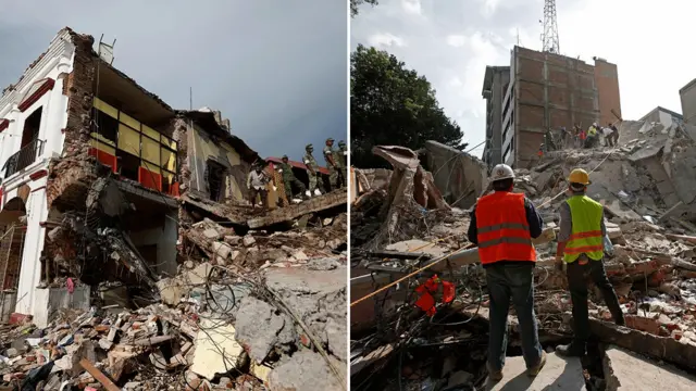 Montagemjogos com depósito de 5 reaisduas fotos das ruínas dos dois últimos terremotos no México