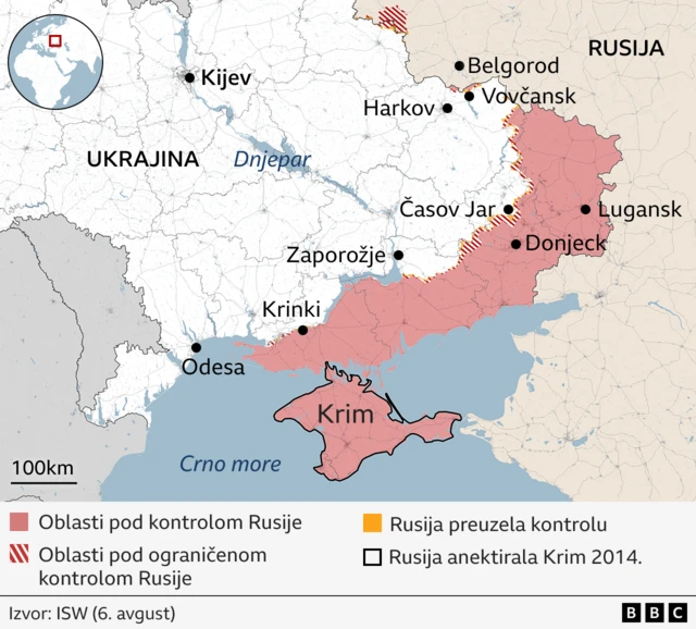 mapa Ukrajine sa teritorijama koje je osvojila Rusija
