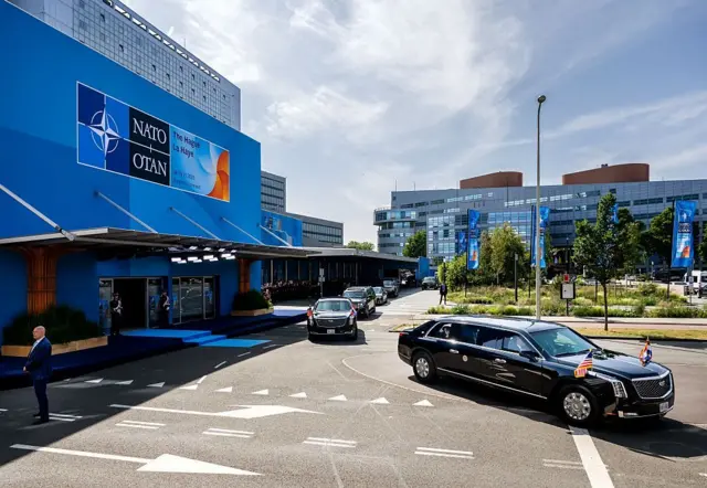 Президентський лімузин "Звір" їде в кортежі, що перевозить президента США Дональда Трампа, коли він виїжджає після засідання Організації Північноатлантичного договору.