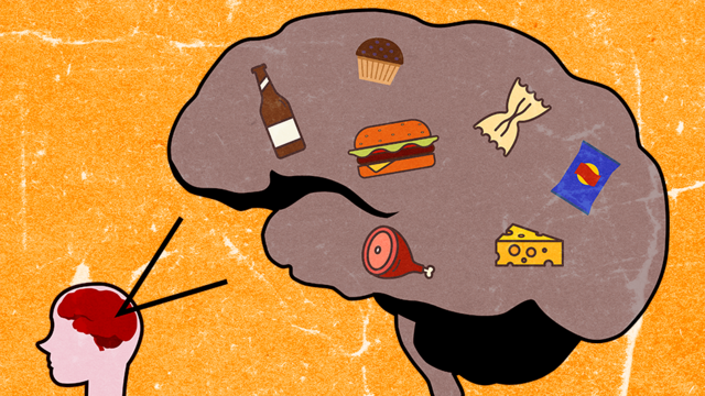Illustration of a human brain with items of processed foods