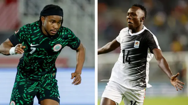 Ademola Lookman wear Nigeria black and green flowered jersey, e wear black head band as e dey celebrate goal. Denis Omendi wear Uganda white shorts and shirt bwey get black design as e dey celebrate goal .