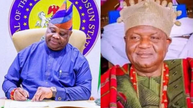 Gomina Ademola Adeleke ninu ọọfisi rẹ ati Owa ilu Igbajo to waja pẹlu ade ọba lori rẹ