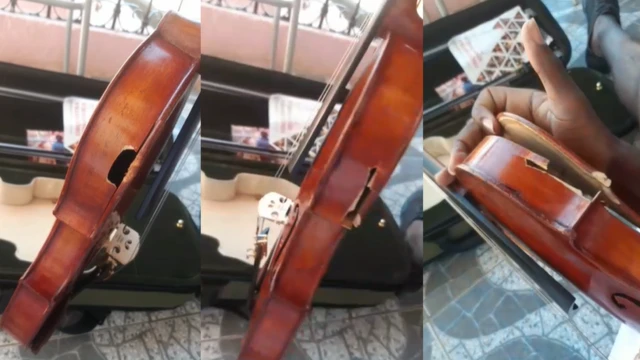 Imagens do violino após ser atingido por bala