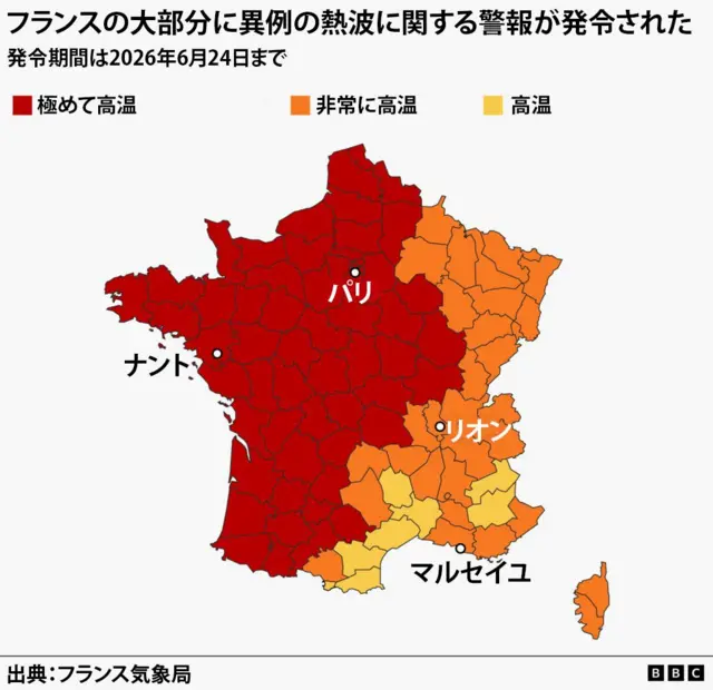フランス各地の熱波に関する警報のレベルを示す地図。パリやナントを含むフランスの大部分は「極めて高温」を示す濃い赤色になっている。リヨン周辺の東部地域は「非常に高温」を示すオレンジ色、マルセイユ近郊の南部や地中海沿岸の一部地域は「高温」を示す黄色になっている。出典はフランス気象局とBBC