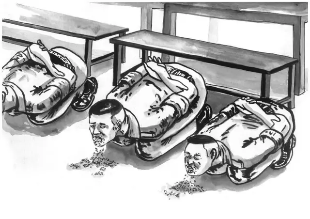 ภาพวาดทหารเกณฑ์ถูกบังคับให้กินเหมือนหมา