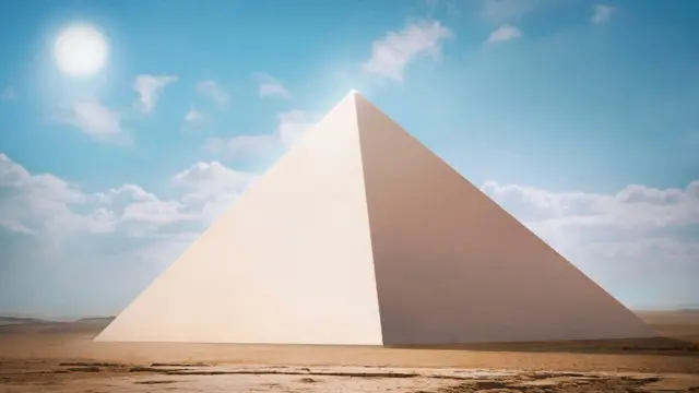 (ภาพจำลอง) ผลการทดสอบทางทฤษฎีครั้งนี้พบว่า โครงสร้างของมหาพีระมิดแห่งกีซาสามารถรวบรวมพลังงานจากคลื่นแม่เหล็กไฟฟ้าให้มีความเข้มขึ้นเป็นพิเศษที่ด้านในและด้านใต้ของส่วนฐาน