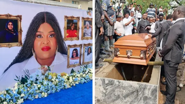 Foto of Allwell Ademola wen she bin dey alive and foto of di brown casket wey dem use bury her