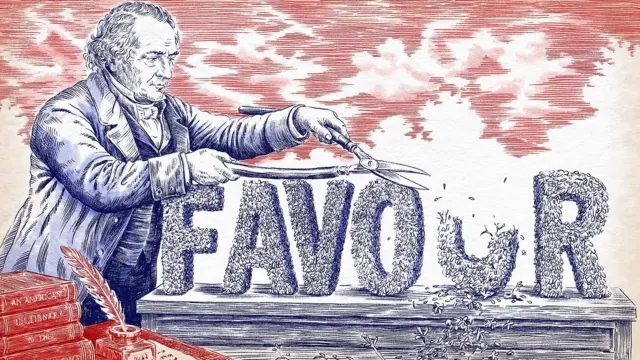 رسم يظهر شخصاً يقص حرف U من كلمة Favour بالإنجليزية