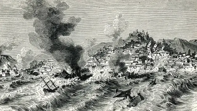 رسم يوضح آثار الزلزال الذي ضرب البرتغال في عام 1755