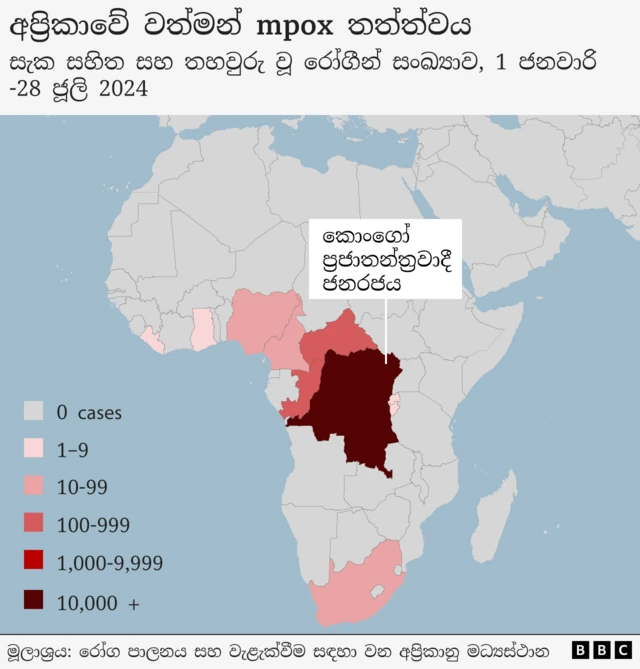 Map showing the spread of mpox across Africa in 2024