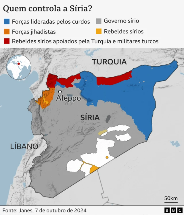 Mapa mostrando quem controla que parte da Síria. A maior área é controlada pelo governo sírio