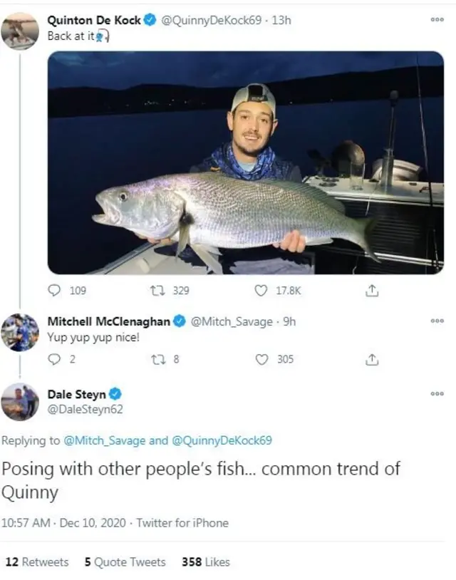 কুইন্টন ডি ককের ছবি রি-টুইট করে লিখেছেন, 'অন্যের মাছ নিয়ে ছবি তোলা, কুইনের পুরোনো স্বভাব।"