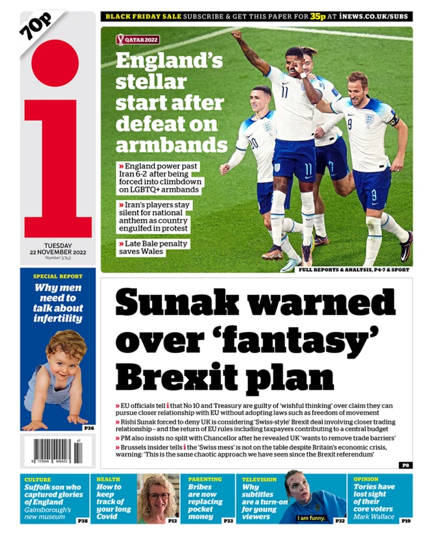 The headline in the i reads: "Sunak warned over 'fantasy' Brexit plan"