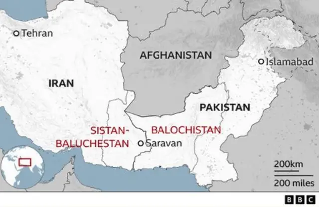 Map showing Balochistan province in Pakistan and Sistan-Baluchestan province in Iran