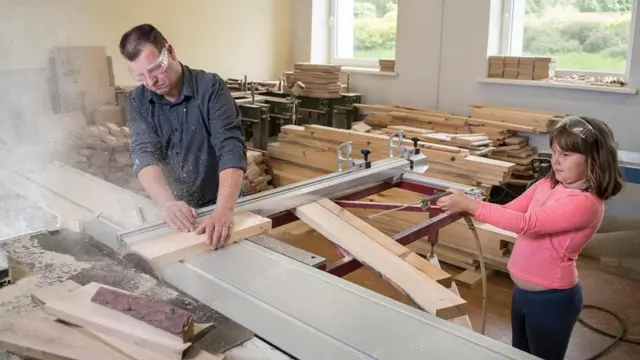 Filha acompanha pai em trabalho de marcenaria