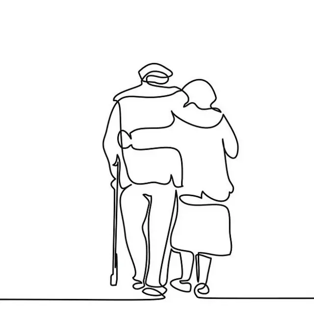 Desenho de contornos de um casal de idosos abraçados e caminhando