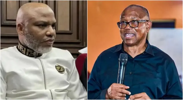 Nnamdi Kanu yi uweo ọcha nọrọ n'ụlọikpe ebe Peter Obi uwe ojii ma jiri igwe e ji ekwu okwu n'aka.