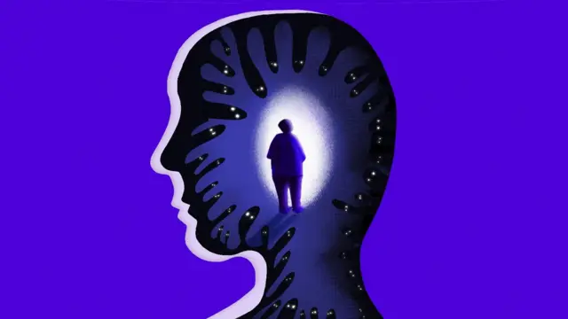 사람의 머리 속에 사람이 서 있는 모습을 그린 보랏빛 일러스트레이션.