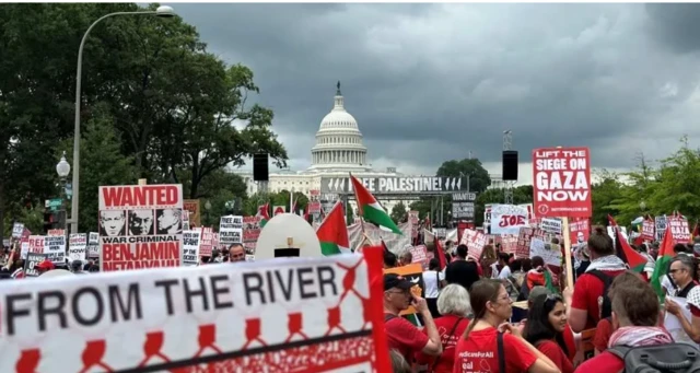 Thousands gather outside the US Capitol in Washington DC to protest the Gaza war.